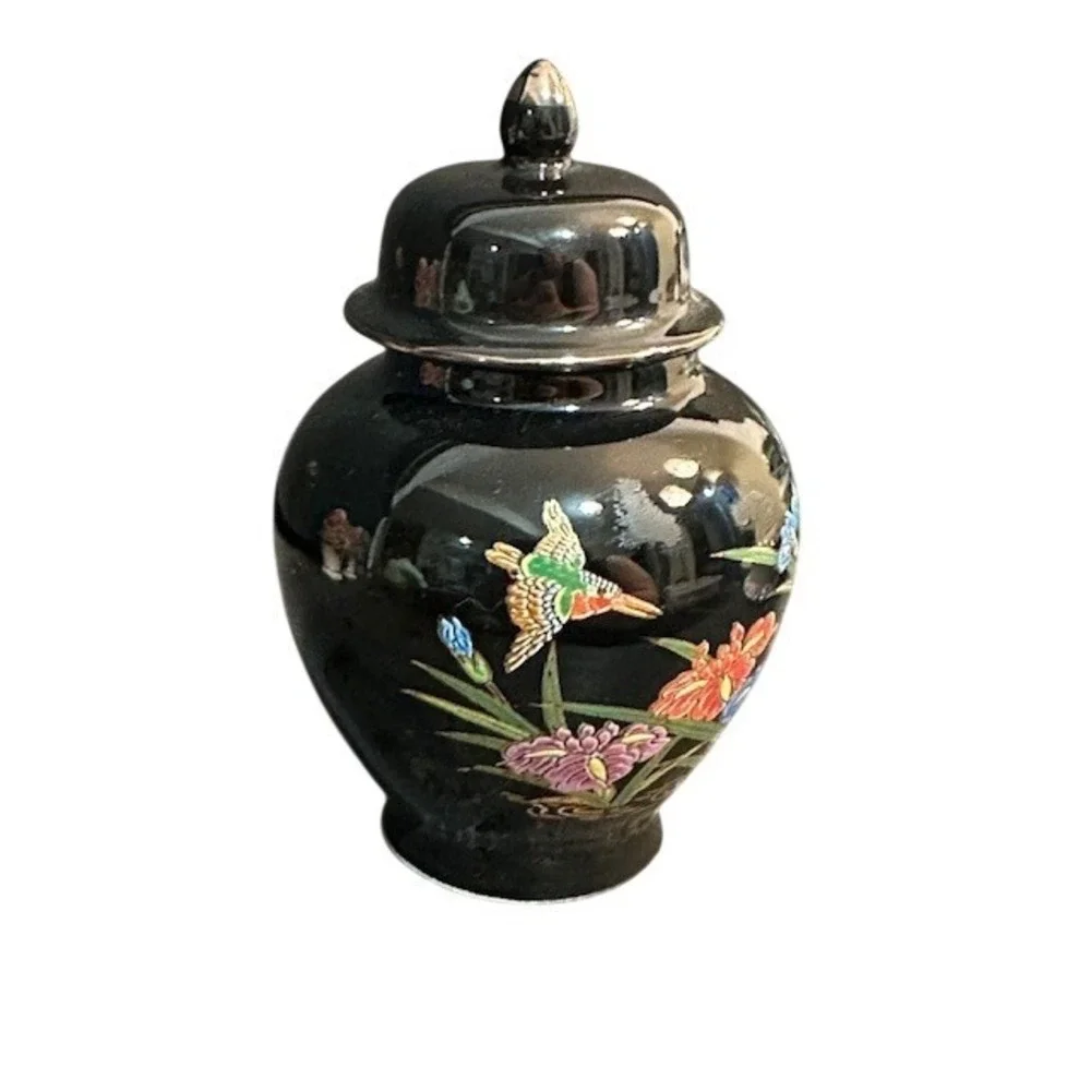 VTG Japanese Black Porcelain Ginger Jar Hummingbird Floral Iris Made‎ in Japan